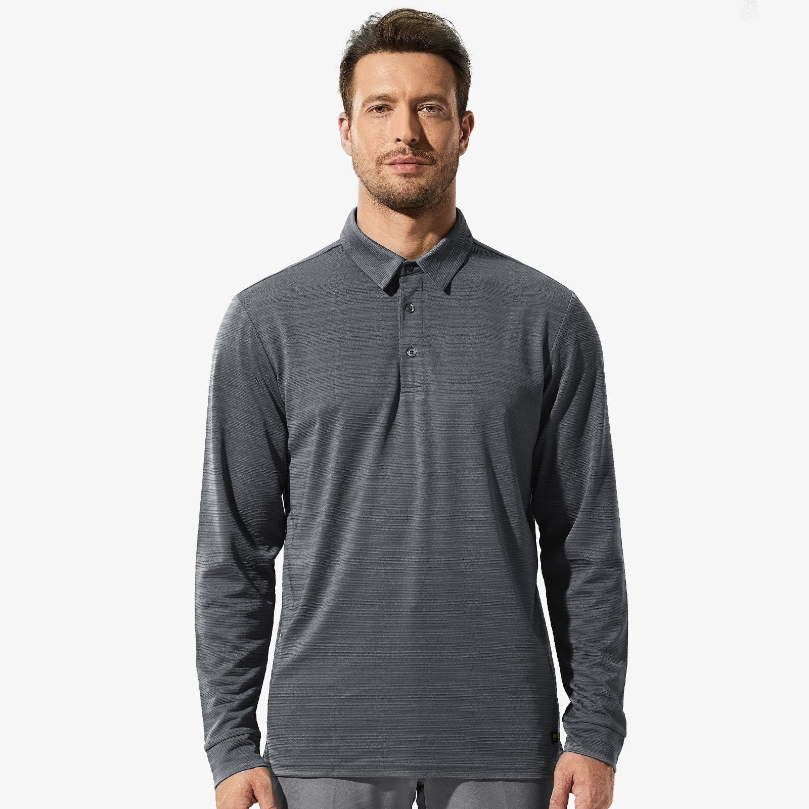 Men's Long Sleeve Polo Shirts Striped Quick Dry Golf Shirts, Dark Grey / XL