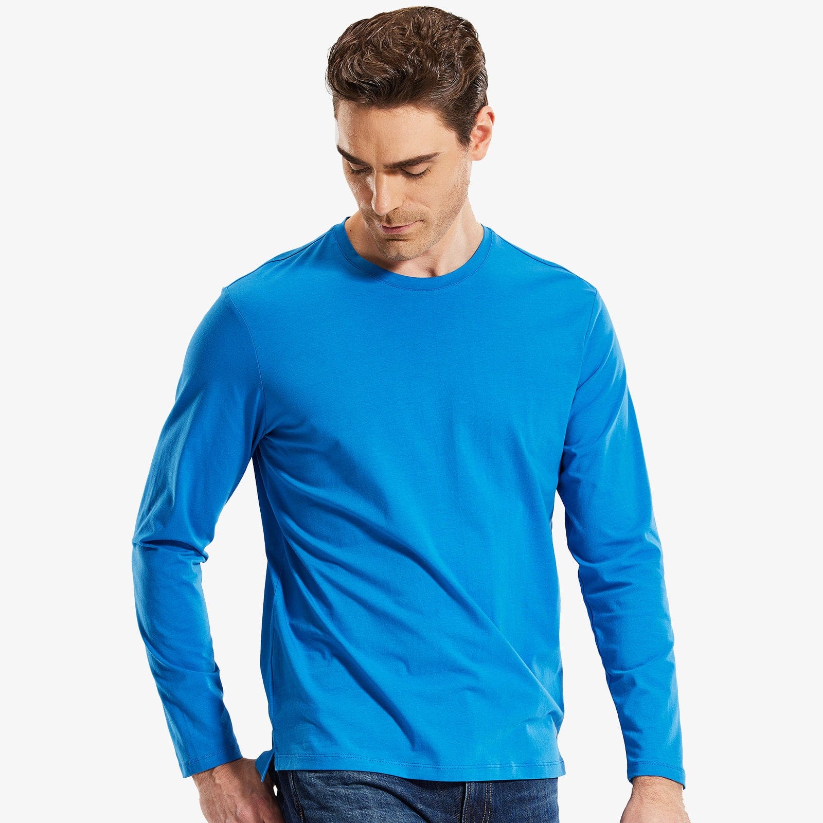 Men's Long Sleeve Shirts Cotton Tees Crew Neck T-Shirt, Blue / XXL
