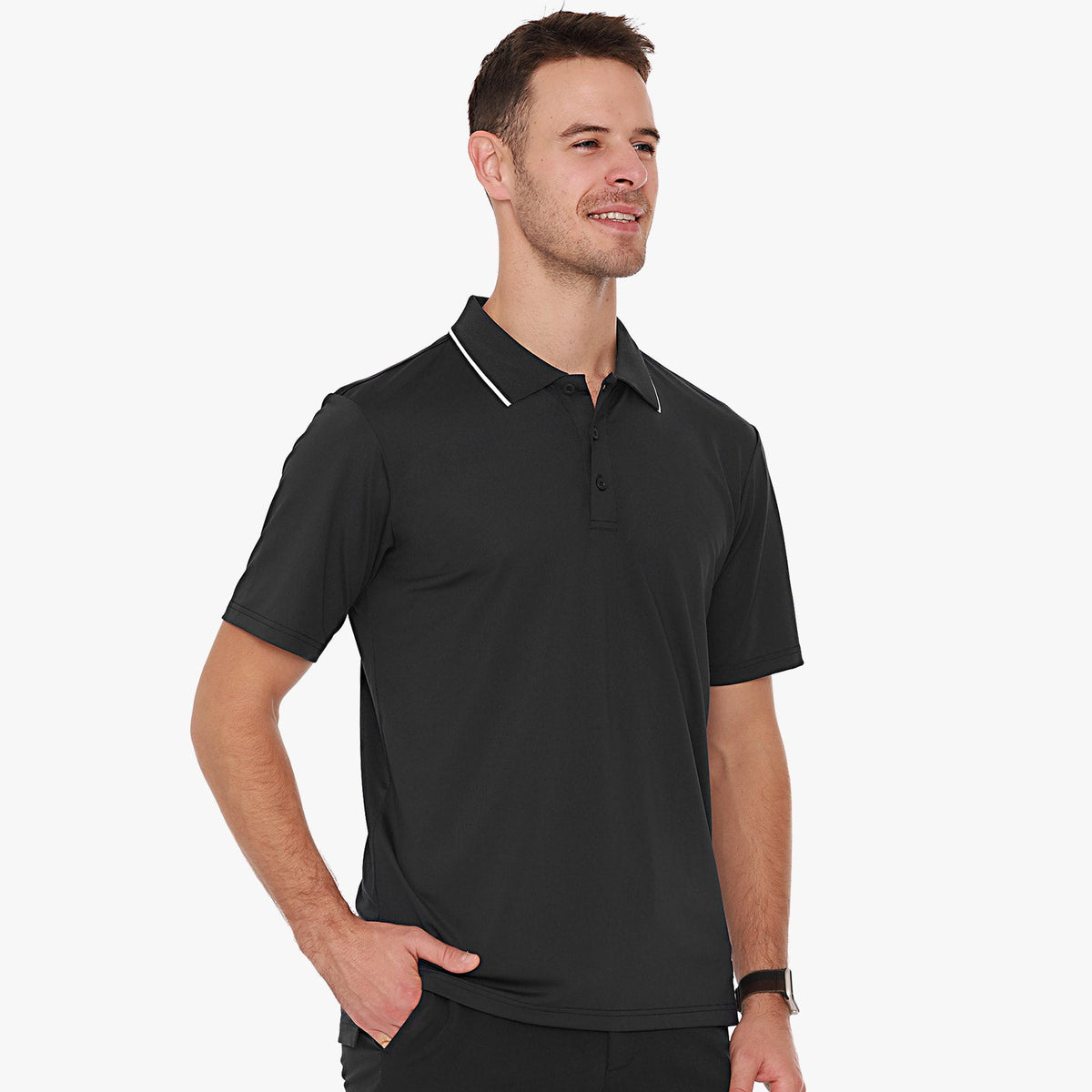 Men's Polo Shirts Quick-Dry Golf Shirt Dual Tipped Collar, Black / L