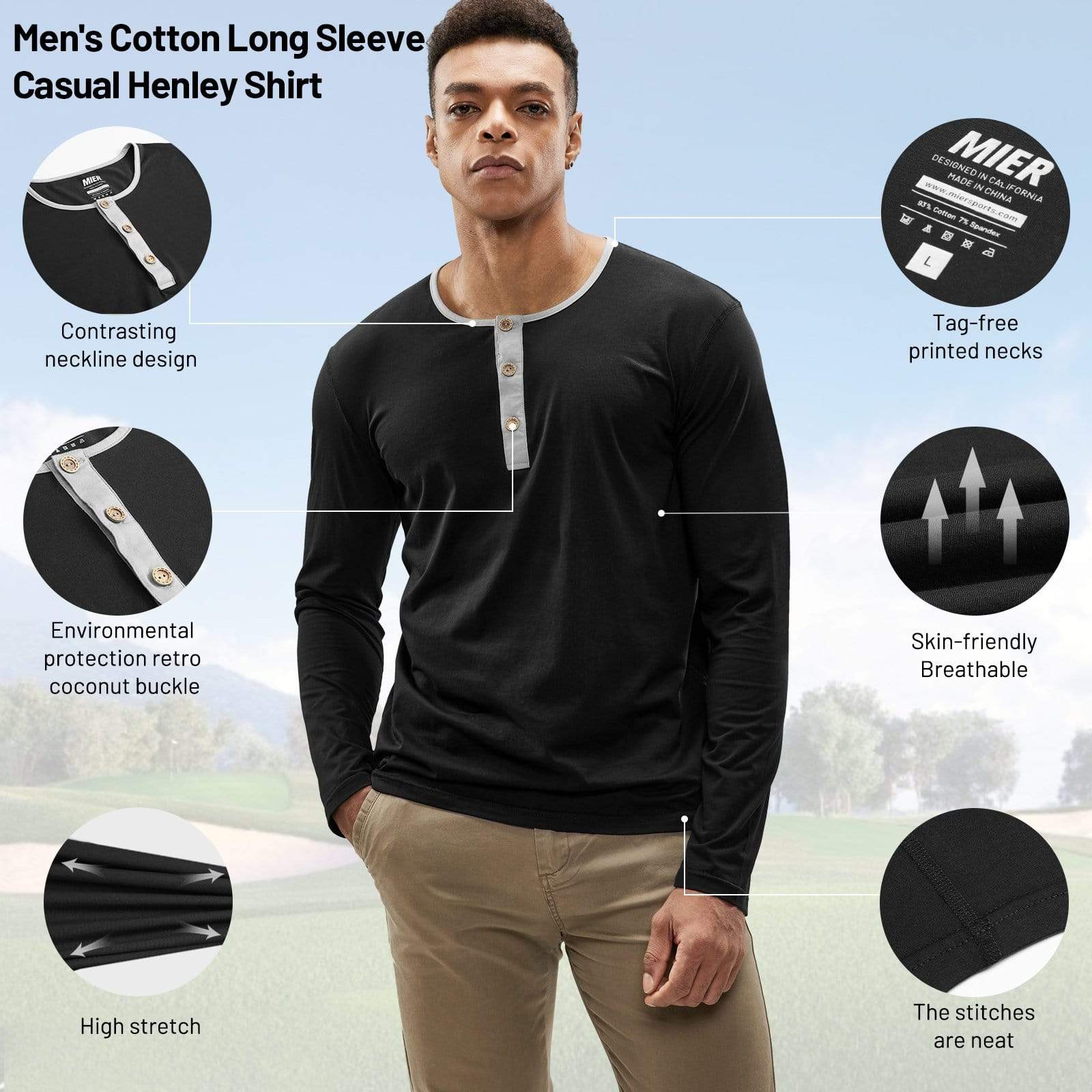 MIER Long Sleeve Henley Shirts for Men Casual Fashion Cotton Tee Shirt Collarless Tshirt for Work Lounge Beach Golf MIER