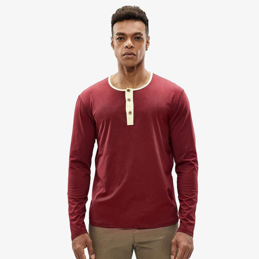 MIER Long Sleeve Henley Shirts for Men Casual Fashion Cotton Tee Shirt Collarless Tshirt for Work Lounge Beach Golf Wine / S MIER