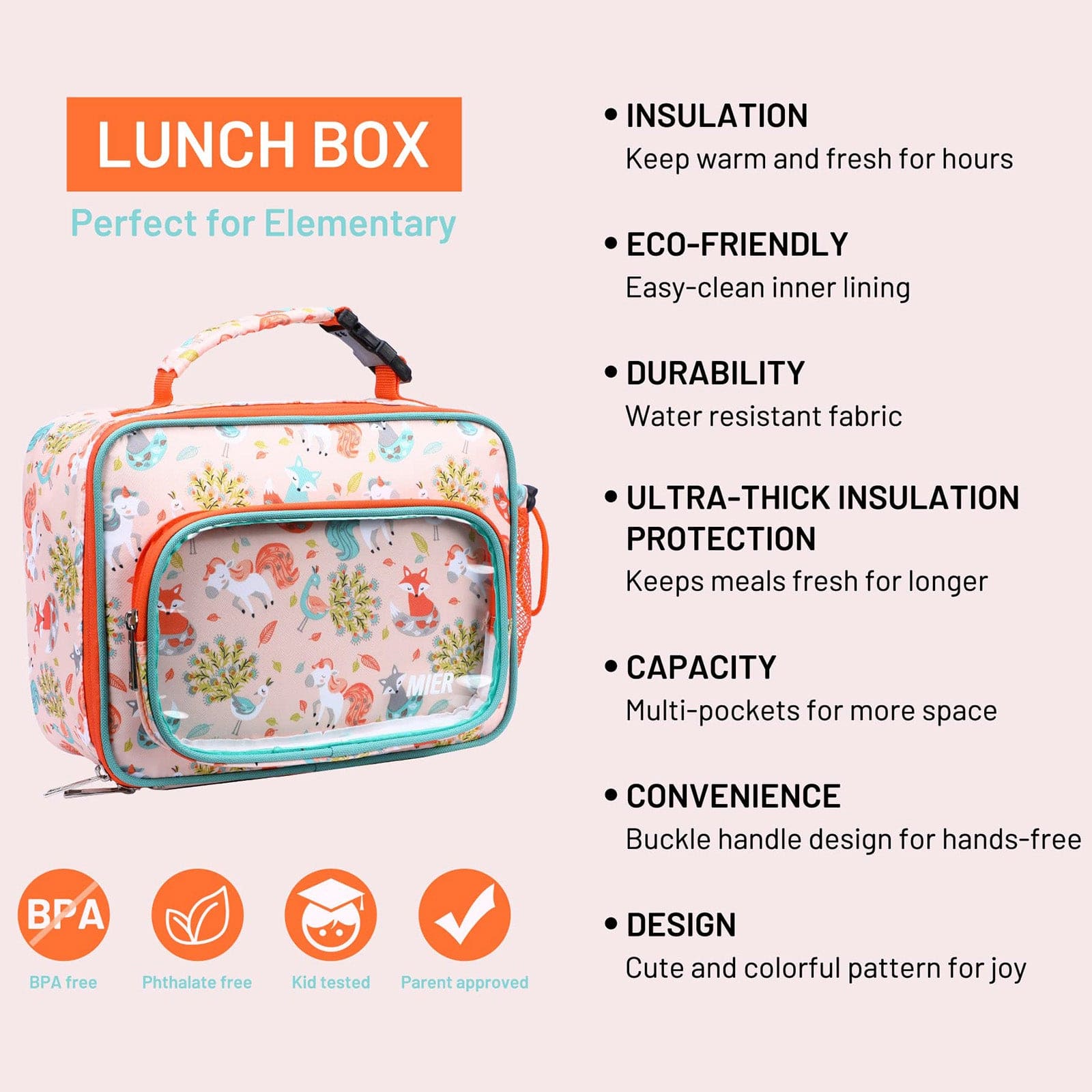 MIER Lunch Bags for Kids Cute Insulated Lunch Box Tote, Blue Orange Cat