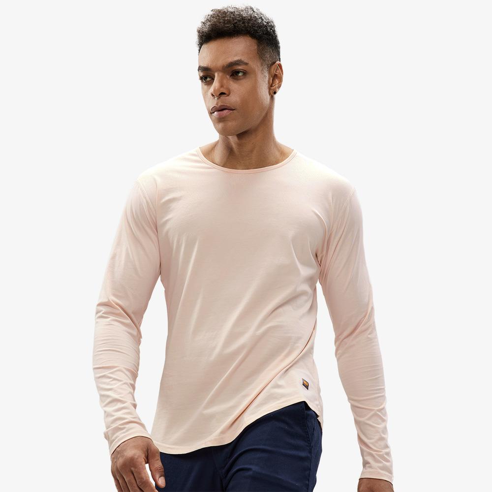 MIER Men Long Sleeve Cotton T-shirts Drop Cut with Curved Hem