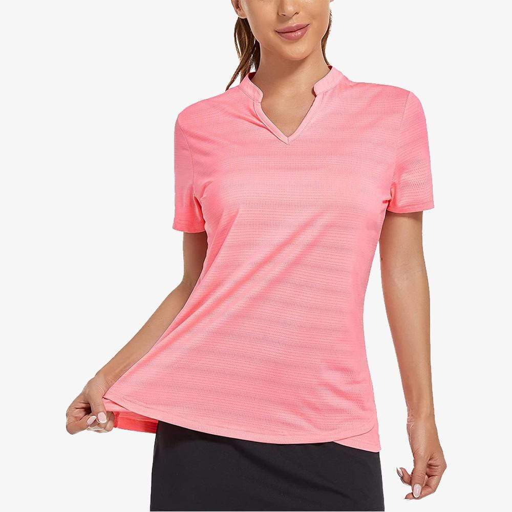 MIER Women's Golf Polo Shirts Collarless UPF 50+ Short Sleeve Tennis Running T-Shirt V-Neck Quick Dry Equestrian Tops XS / Light Peachy Pink MIERSPORTS